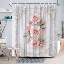 1 件优雅粉红玫瑰浴帘，带银色叶子和蕾丝图案 - 浪漫复古花卉设计，柔和色调，含挂钩，非常适合家居装饰或乔迁礼物，浴室浴帘，房间装饰，感恩节，返校