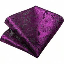 Silk Floral Necktie Set With Tie Clip, Handkerchief & Cufflinks - Magenta - View 9