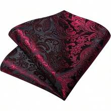 Silk Floral Necktie Set With Tie Clip, Handkerchief & Cufflinks - Red Black - View 3