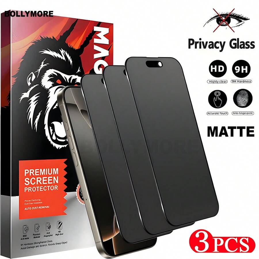 BOLLYMORE 3片裝 磨砂防窺鋼化玻璃螢幕保護貼，相容 iPhone 17Pro Max/17Pro/16Pro Max/17 - 全螢幕覆蓋 9H 硬度，磨砂隱私防窺，防摔邊緣，左右防窺且防指紋