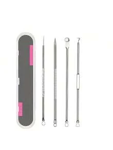 Juego profesional de 4 piezas - Herramienta de acero inoxidable para eliminar espinillas y acné - `Kit de herramientas de acero inoxidable para eliminar acné y manchas - ¡Faciales en casa! Facial sin fragancia para piel normal - Herramienta de eliminación de acné y manchas Kit extractor de comedones de doble cabezal - (Juego de 1 pieza) Limpiador, cepillo limpiador, bolsa, organizador, almacenamiento ¡Para problemas de acné durante la pubertad!  Traducción realizada con la versión gratuita del traductor DeepL.com - Plata - Ver 2
