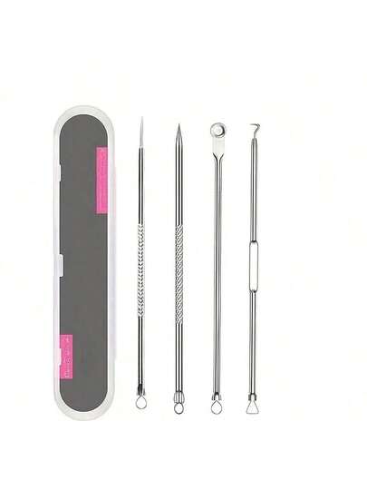 Juego profesional de 4 piezas - Herramienta de acero inoxidable para eliminar espinillas y acné - `Kit de herramientas de acero inoxidable para eliminar acné y manchas - ¡Faciales en casa! Facial sin fragancia para piel normal - Herramienta de eliminación de acné y manchas Kit extractor de comedones de doble cabezal - (Juego de 1 pieza) Limpiador, cepillo limpiador, bolsa, organizador, almacenamiento ¡Para problemas de acné durante la pubertad!  Traducción realizada con la versión gratuita del traductor DeepL.com