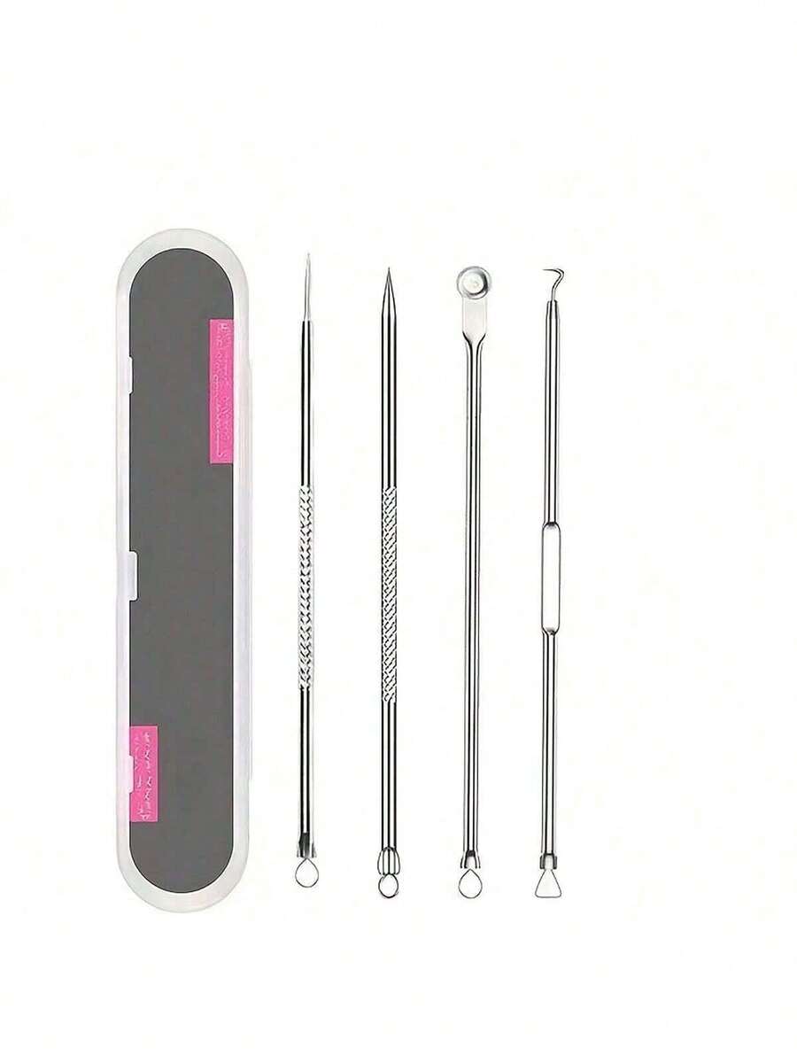Juego profesional de 4 piezas - Herramienta de acero inoxidable para eliminar espinillas y acné - `Kit de herramientas de acero inoxidable para eliminar acné y manchas - ¡Faciales en casa! Facial sin fragancia para piel normal - Herramienta de eliminación de acné y manchas Kit extractor de comedones de doble cabezal - (Juego de 1 pieza) Limpiador, cepillo limpiador, bolsa, organizador, almacenamiento ¡Para problemas de acné durante la pubertad!  Traducción realizada con la versión gratuita del traductor DeepL.com