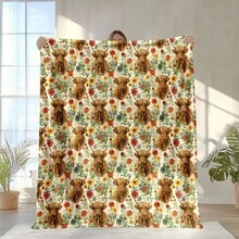 Cozy Floral Highland Cow Print Flannel Throw Blanket - Soft, Warm & Versatile For  , Adds A Modern Touch To Your Home, Creating A Comfortable Bedroom Style.   Suitable For All Seasons, Polyester,    Washable, Machine Washable, Lightweight, Breathable, Comfortable, Warm, Unique,280gsm, Suitable For Him And Her, Suitable For Napping, Camping, Traveling, Family, Daily Life Office Decoration, Birthday Anniversaries, Valentine's Day, Thanksgiving, Christmas, Halloween, Mother's Day, Father's Day, Weddings, New Year Gifts For Her, Him, Family, Boyfriend, Girlfriend Father, Family Member, Mother, Lover, Daughter, Son, Grandfather, Grandmother, Friend,  Classmate And Pet. Sofa,Bed,Car,Bedroom,Living Room,Office, Outdoor Camping, Beach,Wall Decoration Ships From USA - 多色4 - 查看 1