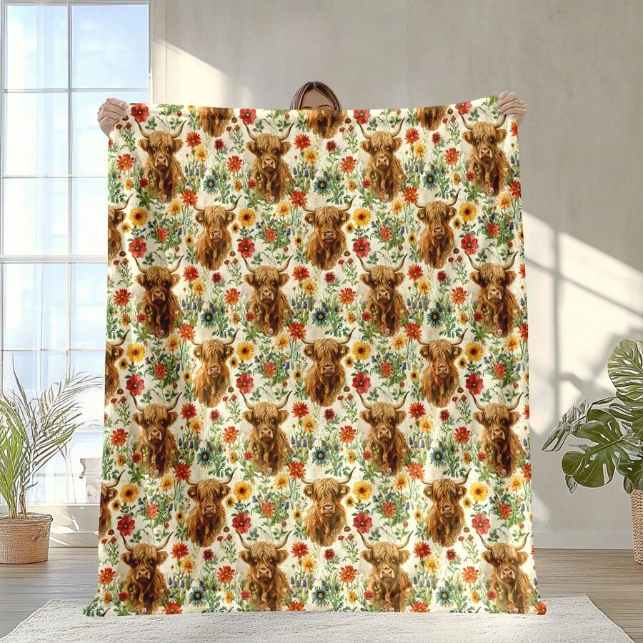 Cozy Floral Highland Cow Print Flannel Throw Blanket - Soft, Warm & Versatile For , Adds A Modern Touch To Your Home, Creating A Comfortable Bedroom Style. Suitable For All Seasons, Polyester, Washable, Machine Washable, Lightweight, Breathable, Comfortable, Warm, Unique,280gsm, Suitable For Him And Her, Suitable For Napping, Camping, Traveling, Family, Daily Life Office Decoration, Birthday Anniversaries, Valentine's Day, Thanksgiving, Christmas, Halloween, Mother's Day, Father's Day, Weddings, New Year Gifts For Her, Him, Family, Boyfriend, Girlfriend Father, Family Member, Mother, Lover, Daughter, Son, Grandfather, Grandmother, Friend, Classmate And Pet. Sofa,Bed,Car,Bedroom,Living Room,Office, Outdoor Camping, Beach,Wall Decoration Ships From USA - 多色4 - 查看 1