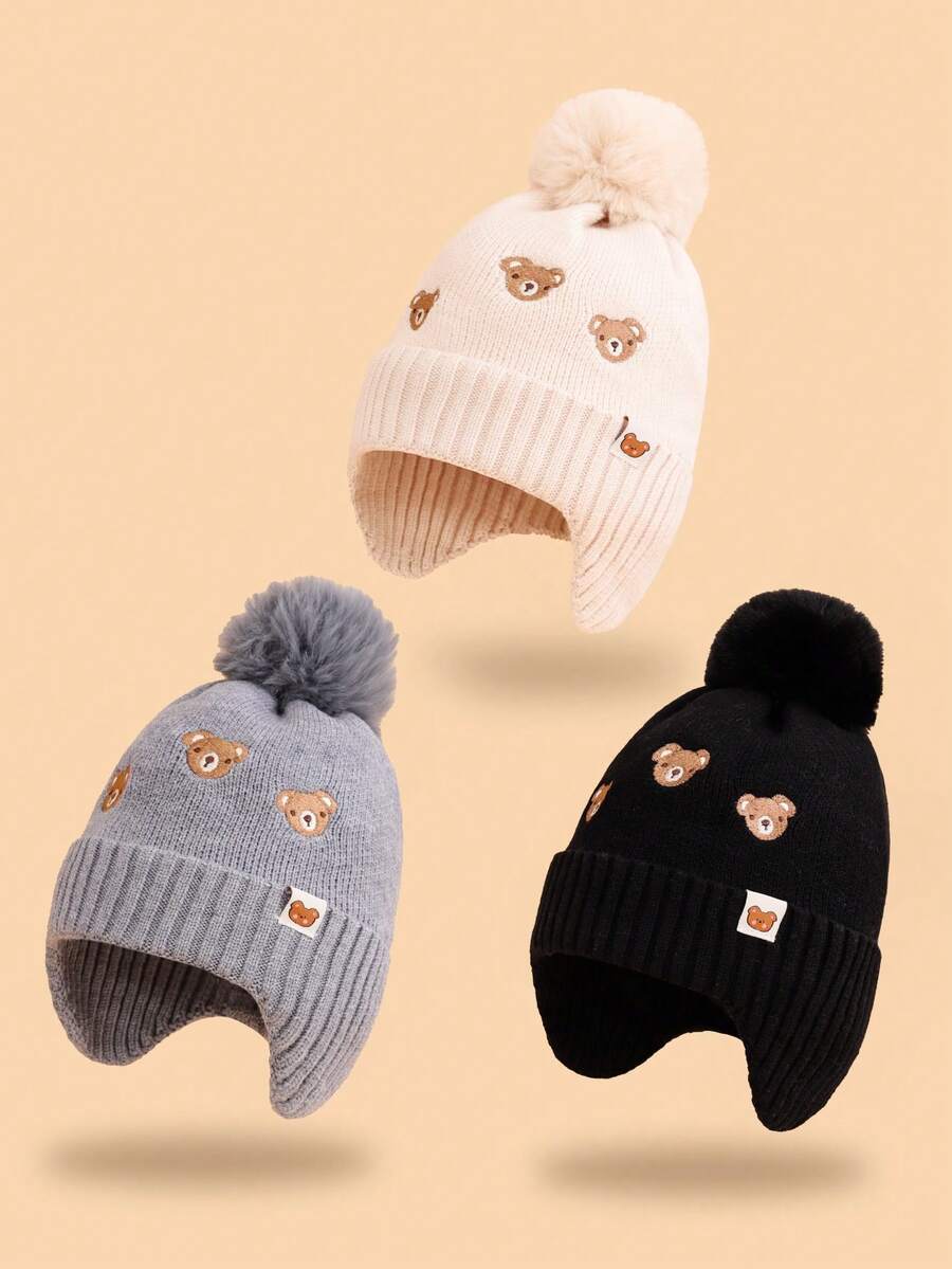 1pc Kids Cartoon Bear Embroidered Pom Pom Knit Hat, Ear Ion Windproof Fleece Warm Winter Accessory Cap For Boys & Girls, Suitable For Daily Outings In Winter As Gift - Multicolor - View 1