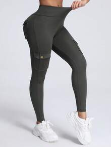 Women's Camouflage Pattern Outdoor Cargo Leggings, Pockets & Butt Lifting Outdoor Skinny Pants, Sports Workout Tight Pants Spring - Dark Grey - View 6
