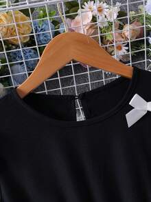 Girls' Solid Color Bow Long Sleeve Casual Dress, Spring/Autumn - Black - View 4