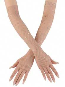 1 双女士时尚水钻装饰五指手套，适合婚礼、派对或情人节配饰 - 卡其色 - 查看 2