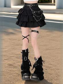 New Arrival Black Multi Sweet Fluffy Cake Skirt High Waist Women Sexy Spicy Design Half Skirt Thin Gauze Skirt Fluffy Star Chain Style Cute Black Cake Skirt - màu đen - Xem 3