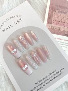 Summer Nail Art Is Gentle And Sweet. The 10-Piece Set Includes A Long-Style Coffin-Shaped Pink French-Style White Three-Dimensional Bow, Hand-Painted Pink Bow, Hearts, And Shiny Fine Glitter To Enhance Whiteness, Making It A Sophisticated And High-End Style Nail Art For Wearing.