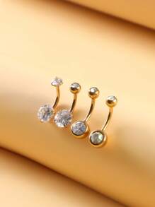 4pcs Rhinestone Rhinestone Curved Barbell Navel Piercing Rings, Stainless Steel Simple Design Belly Button Rings For Women - Golden Crossbar - View 2