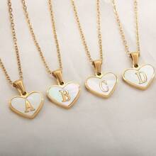 1pc Personalized Heart-Shaped White Shell Initial Necklace Stainless Steel Non Tarnish Women Letter Necklace
