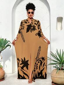 BIUBIU This Plus Size Women's Spring/Summer Off-Shoulder Loose Front Slit Maxi Dress With Sunshine/Plant Element Print Is An Important Fashion Item For Spring Vacation. - Black Flower - View 6