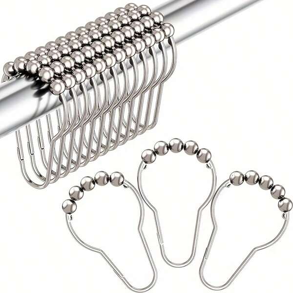 12pcs 304 Stainless Steel Double Hooks Shower Curtain Rings, Double Ear Adhesive Hooks, Curtain Hooks, Bathroom Hardware Accessories