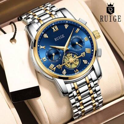  RUIGE Men's Business Quartz Watch With Stainless Steel Bracelet, Multi-Functional Display Chronograph, Men's Fashionable Gift Wristwatch