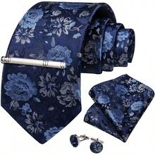 Conjunto de corbata de seda con estampado floral, incluye pinza de corbata, pañuelo y gemelos - Azul marino - Ver 8