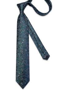 Conjunto de corbata de seda con estampado floral, incluye pinza de corbata, pañuelo y gemelos - Azul marino y verde - View 3