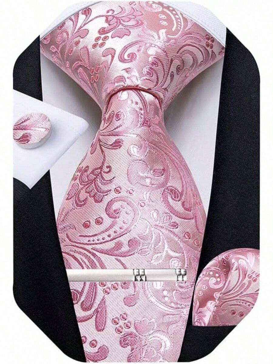 Silk Floral Necktie Set With Tie Clip, Handkerchief & Cufflinks - Solid Pink Floral - View 1