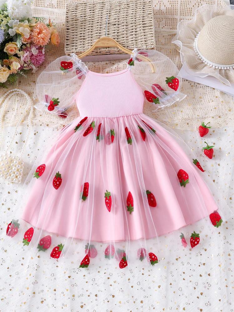 Vestido casual de moda para niñas jóvenes con mangas abullonadas de malla y estampado lindo de fresa, para primavera/verano - Rosa - Añade 2