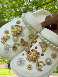 20pcs Garden Shoes DIY Golden Camellia & Faux Pearl Chain, Detachable Shoe Decorations Suitable For Hollow Beach Shoes, Sandals, Holiday Gifts, All Season - Gold - View 10