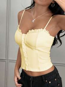 Sunny Girly Fall Women Clothes Y2k Back To School A Sexy And Pure Style Button-Down Front Button-Fitted Halter Top Romantictops Going Out Tops Women - Yellow - View 2
