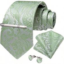 Conjunto de corbata de seda con estampado floral, incluye pinza de corbata, pañuelo y gemelos - Paisley verde salvia - Ver 8
