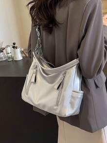 Merlard Retro 2025 磨砂质感大容量时尚百搭单肩包，高端沙滩包，托特包，购物袋，大包，小众质感手提包，拉链双肩带斜挎包 - 銀色 - 查看 6