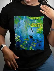 [Water Lily Art Cat T-Shirt] Black Cat Monet Water Lily Painting Art Cat Lover T-Shirt - Black - View 1