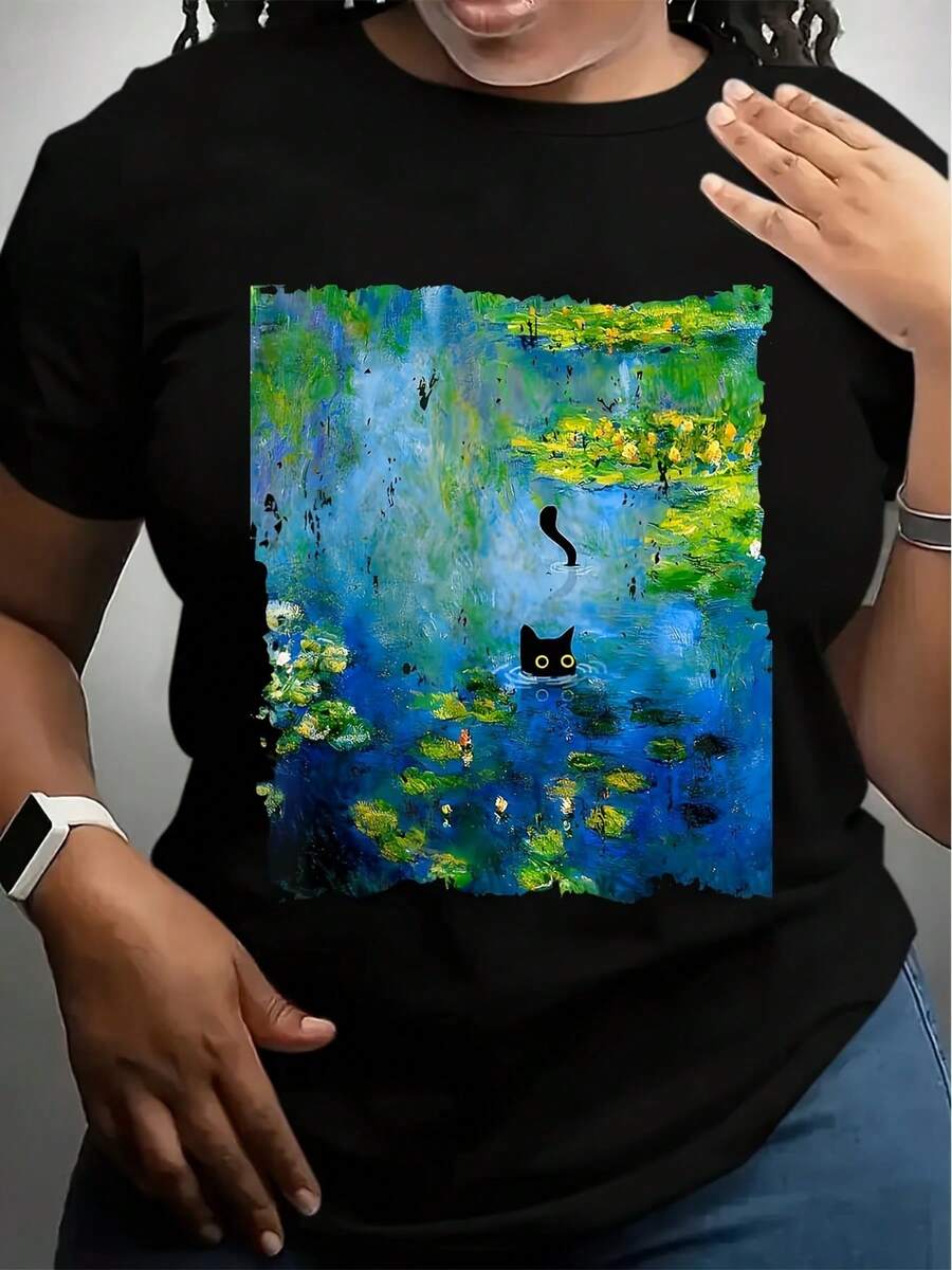 [Water Lily Art Cat T-Shirt] Black Cat Monet Water Lily Painting Art Cat Lover T-Shirt - Black - View 1