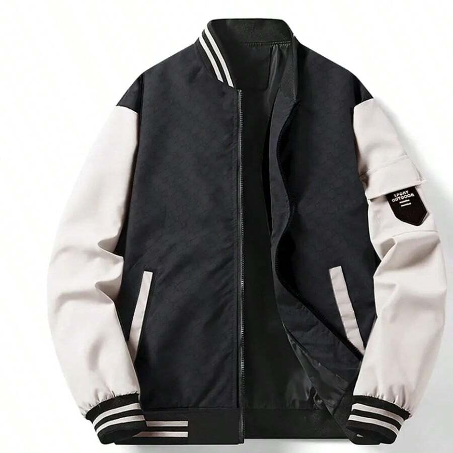 Men's Colorful Jacket With Striped Trim, Suitable For Men's Slim Jackets In Spring And Autumn, Ideal As A Gift For Family, Friends, And Husbands. - Negro - Ver 1