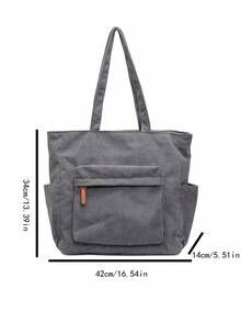 女士简约纯色灯芯绒手提包，大容量休闲户外度假旅行单肩包，轻便多功能购物杂货收纳手提包，便携式多口袋通勤包，适合日常办公 - 灰色 - 查看 2