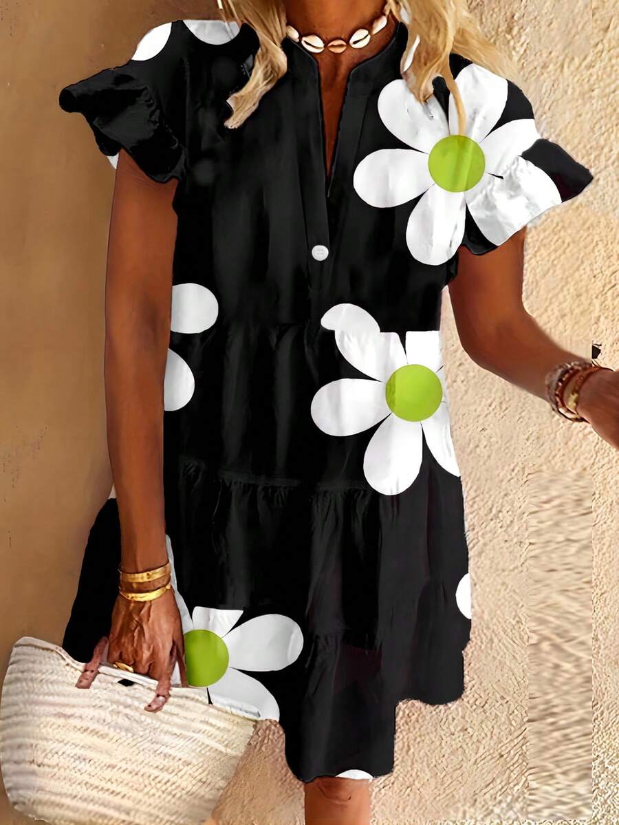 UREREM 大码女式休闲碎花荷叶袖连衣裙，四向弹力梭织面料，120克重，度假风，旅行装，黑色夏季优雅款 - 黑色 - 查看 1