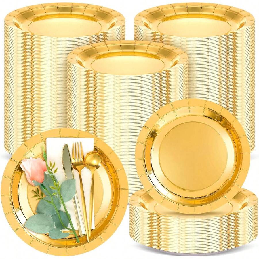 50/30/20/10/5pcs 9inch/7inch Round Gold Plates, Suitable For Desserts, Cakes, Meals, Seasonal Dinnerware, Great For Christmas, Halloween, Easter, Thanksgiving, Parties, Graduations, Weddings, Picnics