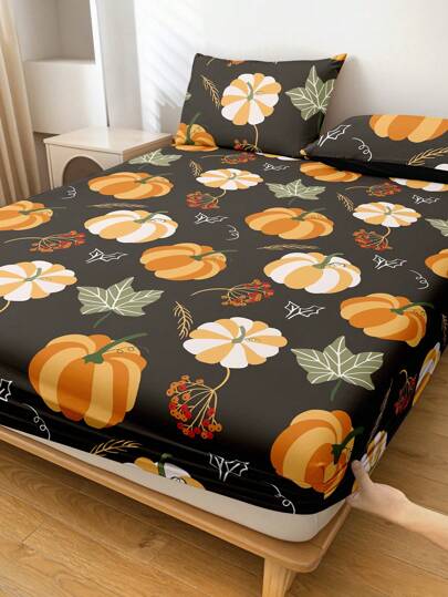 1 pieza Sábana ajustada de cosecha de otoño, funda de colchón con estampado de calabaza y haces de hojas, tela suave y acogedora, bolsillo profundo antideslizante, resistente al polvo, antipilling, para todas las estaciones, lavable a máquina, se ajusta a tamaños Twin/Full/Queen/King, decoración de dormitorio estilo granja, regalo listo para el festival de otoño