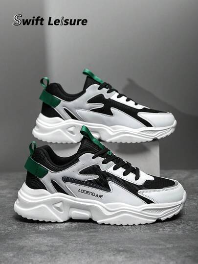 Men's Black & Grey Mesh Patchwork Comfortable Sporty Shoes, Fashionable Black Casual Outdoor Athletic Sneakers