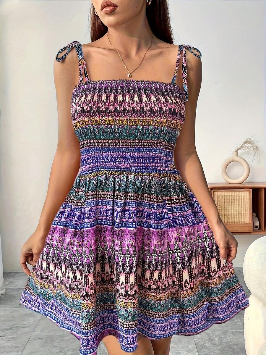 Women's Elegant Off-Shoulder Sleeveless Wrap Dress, Vibrant Floral Print Fitted Top & Flowy Skirt, Summer Casual To Semi-Formal Wear, Fashion Women's Clothes For Beach Holiday - 紫色 - 查看 1