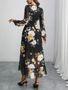 Women's Gothic Romantic Black Floral Chiffon Maxi Dress – V-Neck, Lantern Sleeves, High Waist, Ruffle Hem Elegance
