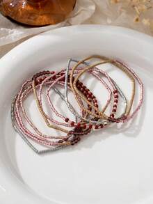 10pcs/Set Handmade Mixed Color Beaded Multilayer Elastic Bracelet Set For Women, Suitable For Holiday Party Jewelry Accessories - Multicolor - View 3