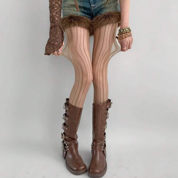 1pc Savage Growth Brown Vintage Lace Fishnet Lattice Jacquard Pantyhose