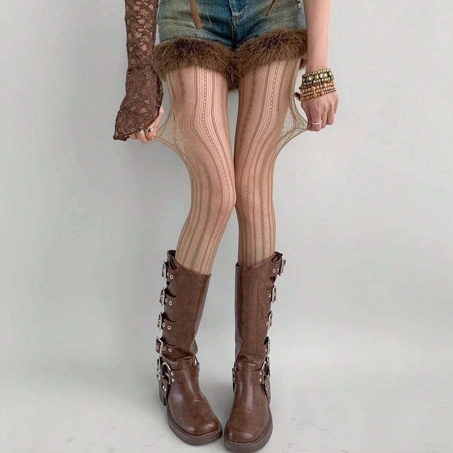 1 Stück Savage Growth braune Vintage Spitze Fischernetz Gittergewebe-Strumpfhose