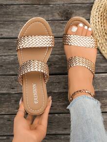 2026 Nuevas sandalias de cuña con decoración tejida de colores brillantes para mujer, estilo de vacaciones, sandalias de verano con tira, punta abierta, suela gruesa, adecuadas para citas, compras, ir al trabajo, playa - Oro rosa - Ver 4