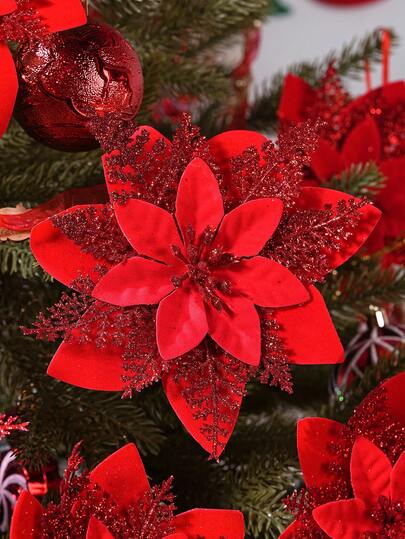 10/20 peças de flores artificiais de poinsétia vermelhas brilhantes para o Natal (com clipes), decorações para árvores de Natal, decoração de casamento, festa de fim de ano, flores para decoração de parede, folhas de pinheiro douradas, poinsétia, dourado/vermelho/prateado, 14 cm, com clipe (vermelho)