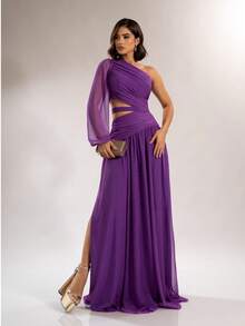 Long Dress For Bridesmaids Wedding Graduation One Elegant Sleeve - الأرجواني - مشاهدة 2