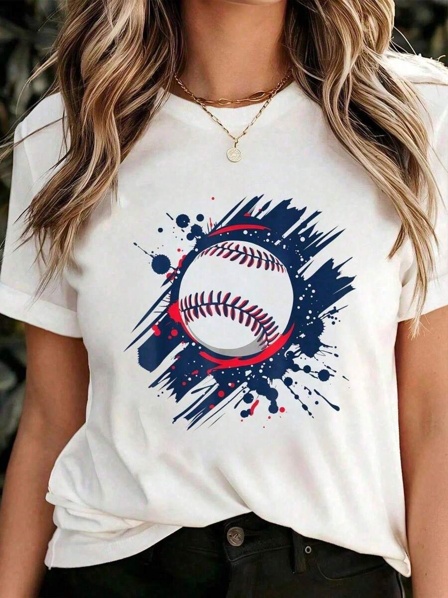 Camiseta de algodón con estampado de "Baseball Splash Tee" casual de moda para mujer - Blanco - Ver 1