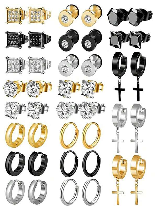 5pcs/10pcs/21pcs/Set Fashionable Stainless Steel Stud Earrings Set, Titanium Steel Rhinestone High Quality Earring Set, Suitable For Men & Women Daily Wear