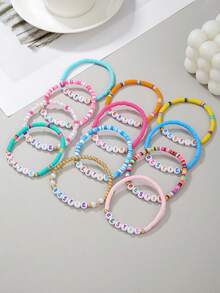 12pcs Colorful Letter Soft Clay Cute Girly Beaded Friendship Bracelet Set, Versatile, Random Colors, Suitable For Girls Daily Wear Or Gift To Best Friends - Multicolor - View 5