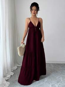 largo de verano para mujer LilyHouse, elegante y de moda, estilo de resort de playa, escote en V con tirantes de espagueti y diseño de vestido fluido, adecuado para citas diarias, vacaciones en la playa, festivales, bodas, fiestas elegantes, ceremonias de graduación, etc.Vestido rojo para - Marrón 2 - Ver 10