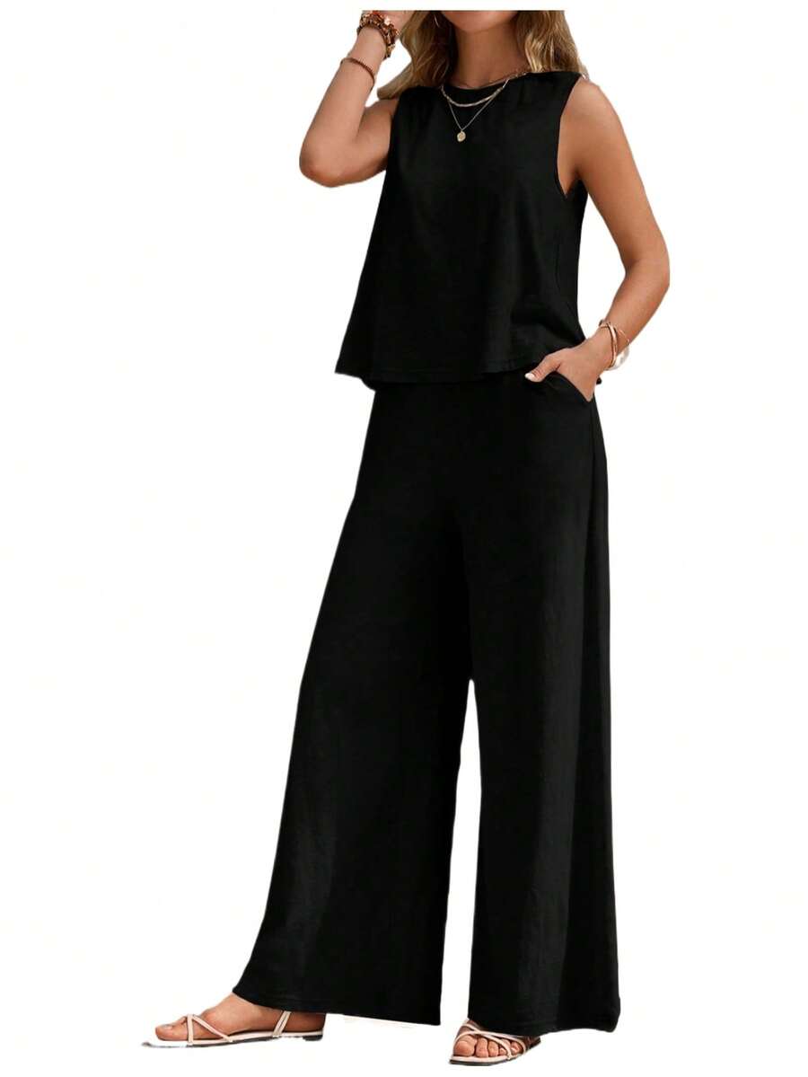 Unicolor Top Tank & Pantalones De Pierna Ancha,Top de Tanque Sólido Y Pantalones Anchos Para Vacaciones De Verano