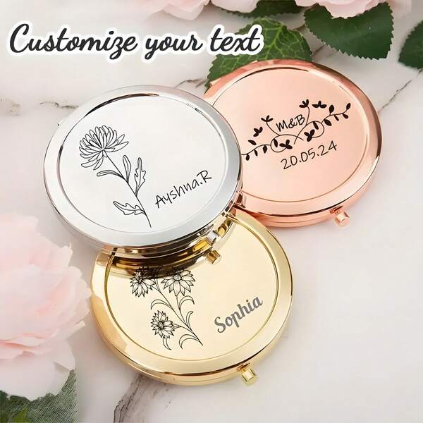 1pc Personalized Engraved Stainless Steel Compact Mirror With Birth Flower Design - Customized Name Gift For Women, Bridesmaid, Wedding, Birthday, Christmas, Elegant Portable Pocket Mirror, Customized Gift | Elegant Pocket Mirror | Engraved Accessory, Easy Comfort